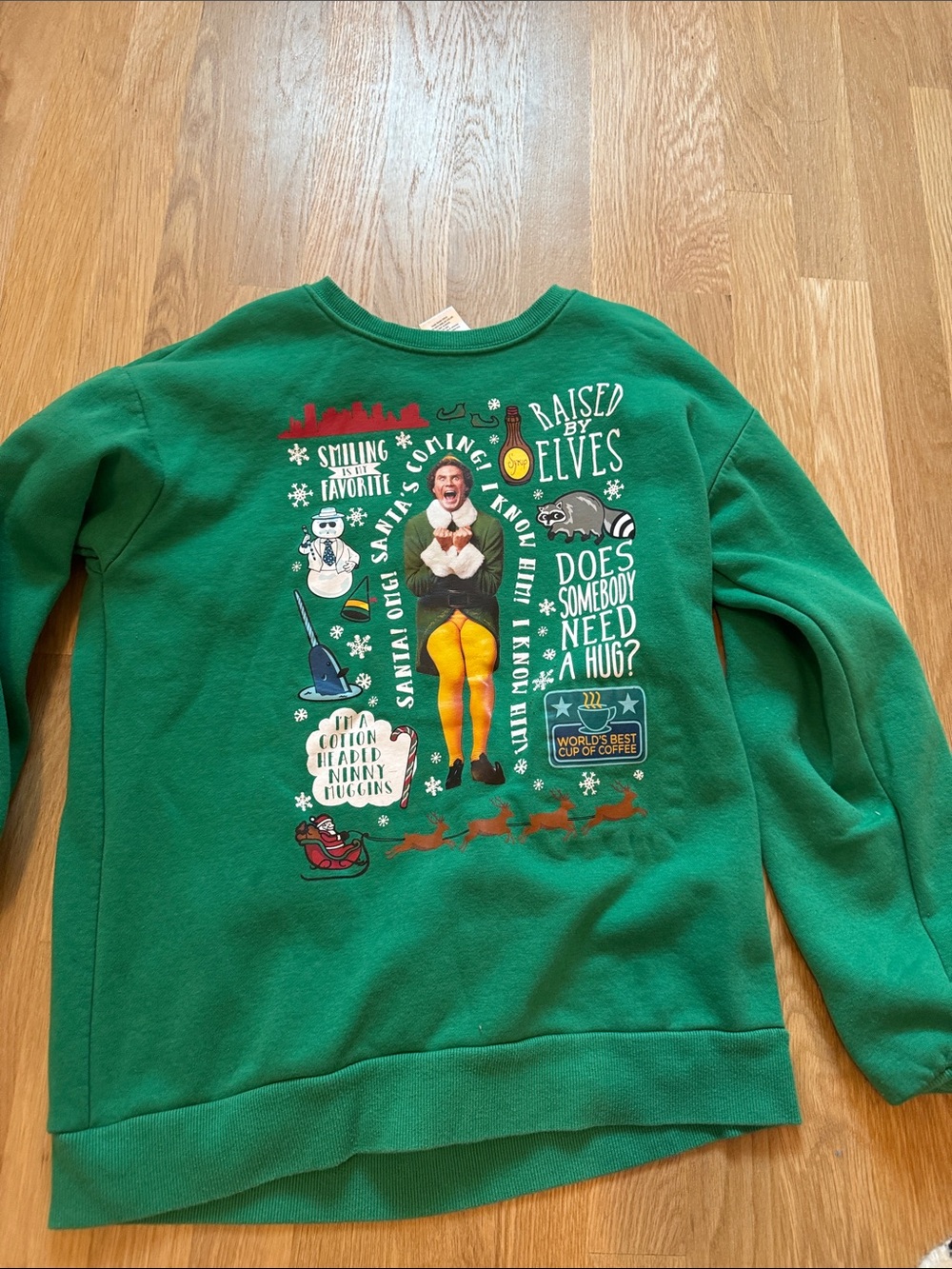 ELF Green Graphic Crewneck Sweatshirt with Yellow and Red Accents